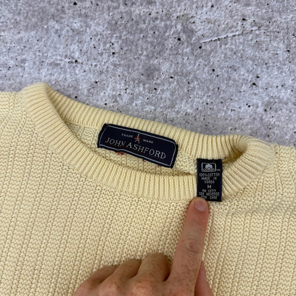 Vintage John Ashford Knit Crew Neck Yellow Cotton Grandpa Sweater Mens Medium - Picture 3 of 9